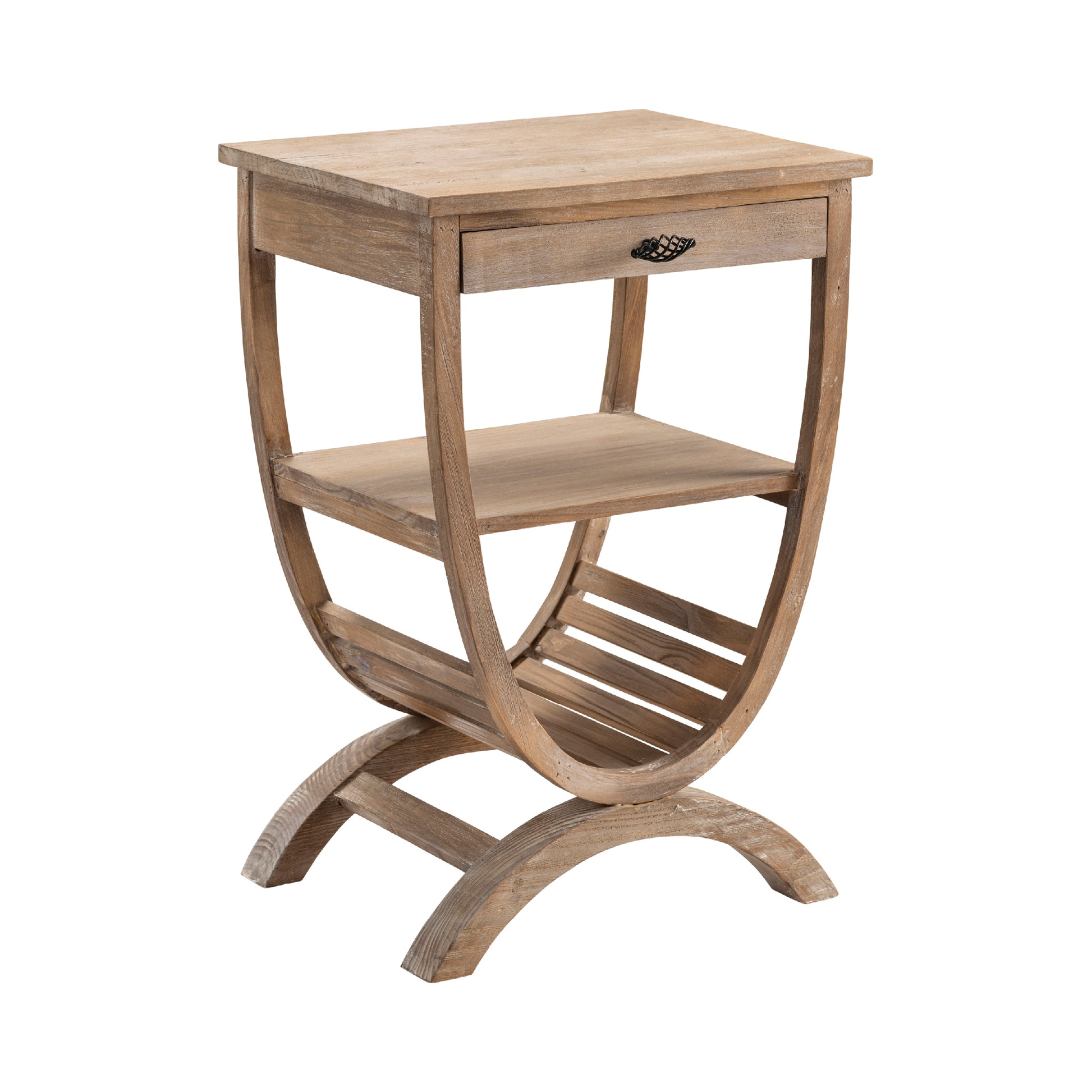 cream woven accent table in a coastal guest room setting
