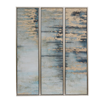 Brown and blue contemporary canvas artwork displayed in a modern living room setting