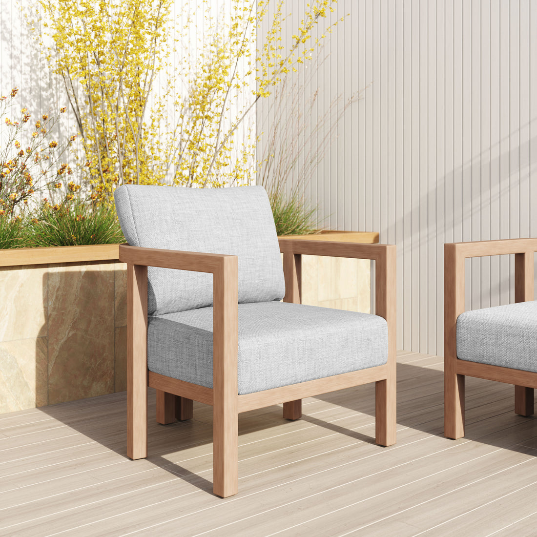Leto Armchair Gray styled for a transitional patio space.