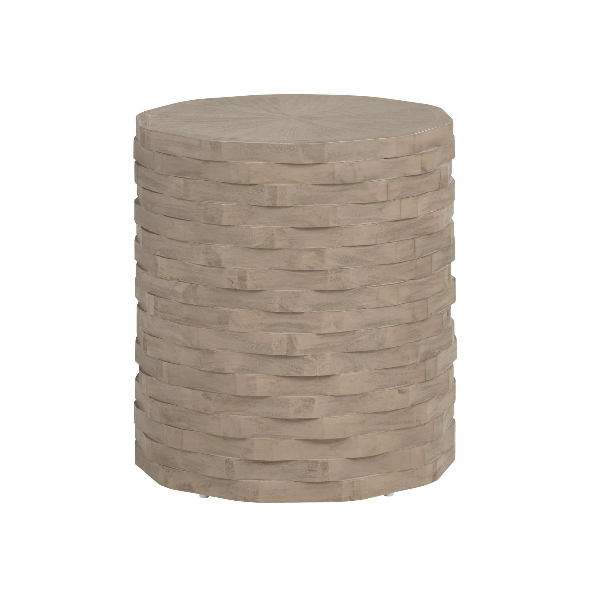 gray canvas accent table in a transitional living room setting