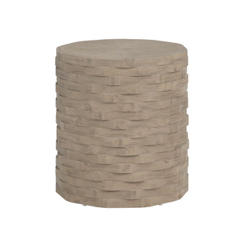 gray canvas accent table in a transitional living room setting
