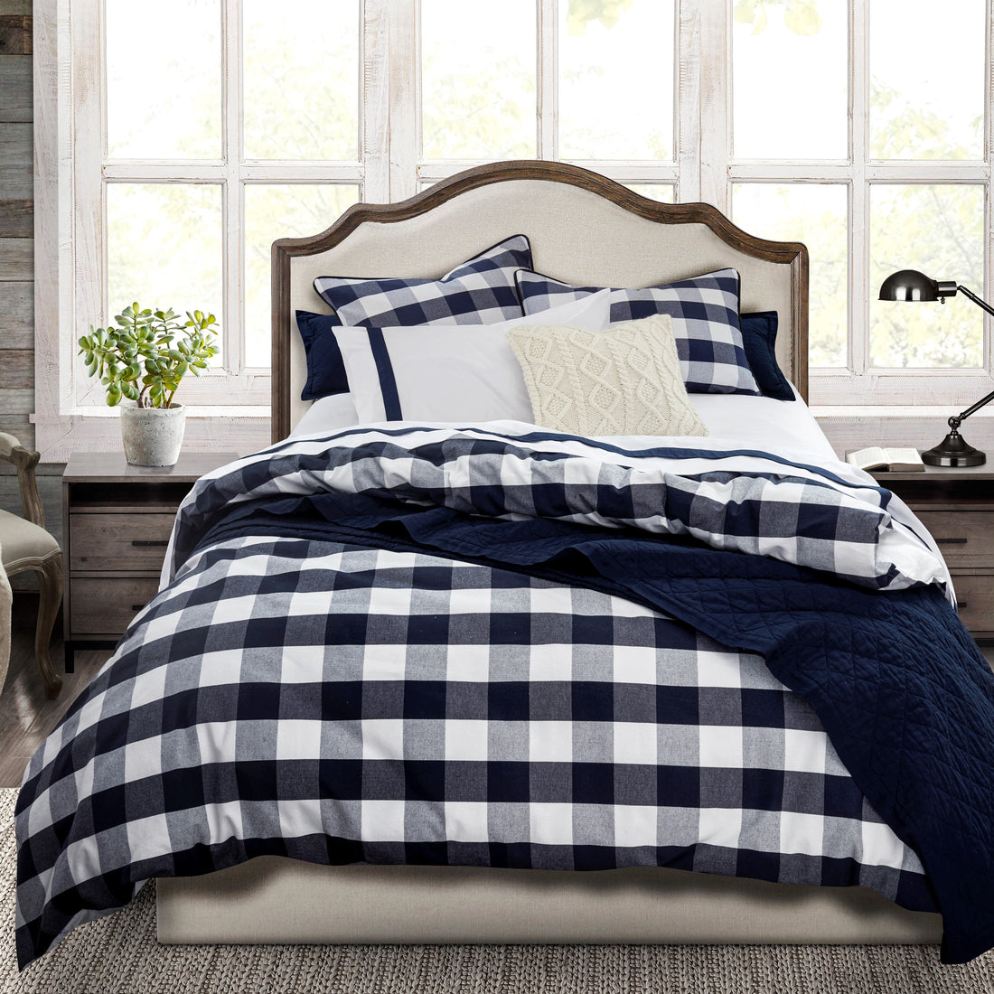 oak marble comforter set styled in a Scandinavian serene master suite