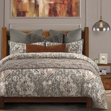 neutral linen duvet cover styled in a coastal elegant dining room