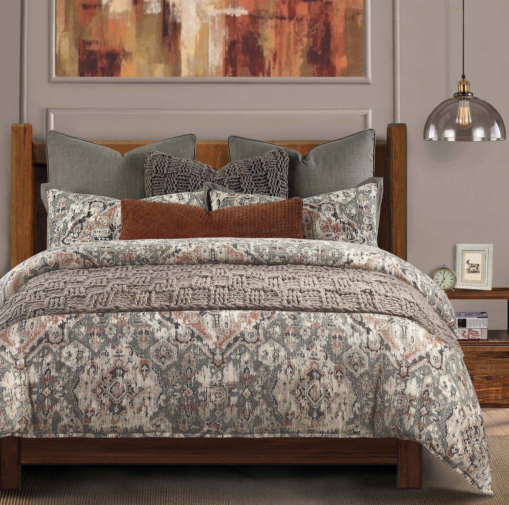 earth-toned marble duvet cover styled in a transitional serene master suite