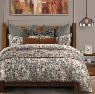 earth-toned marble duvet cover styled in a transitional serene master suite