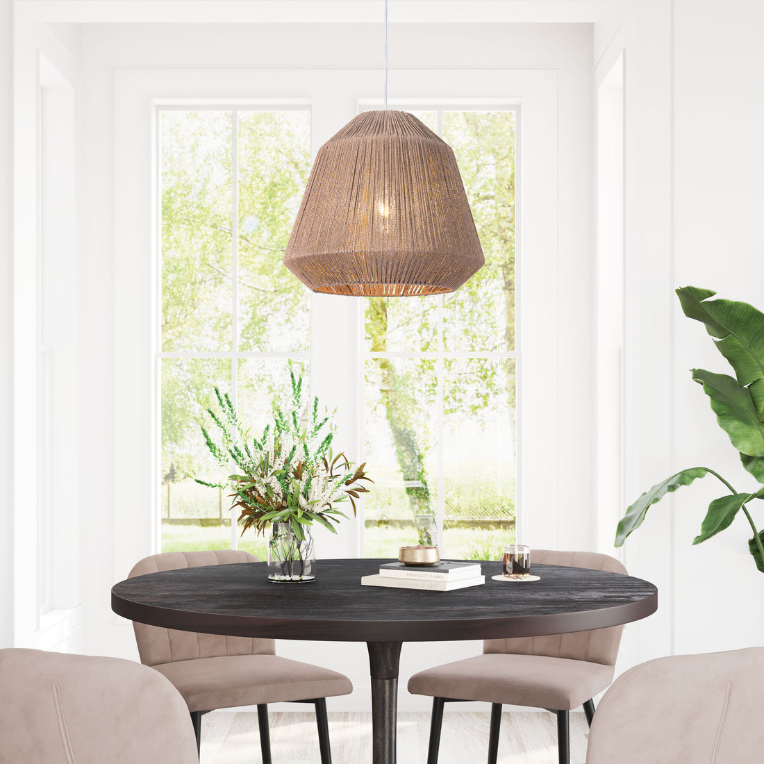 neutral-toned linen table lamp in a elegant modern bedroom setting