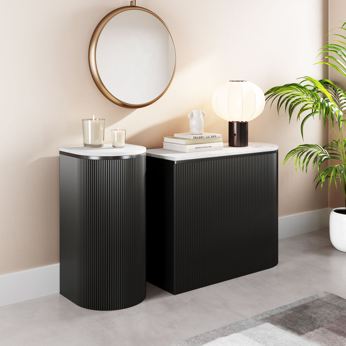 charcoal textured accent table in a minimalist dining room setting
