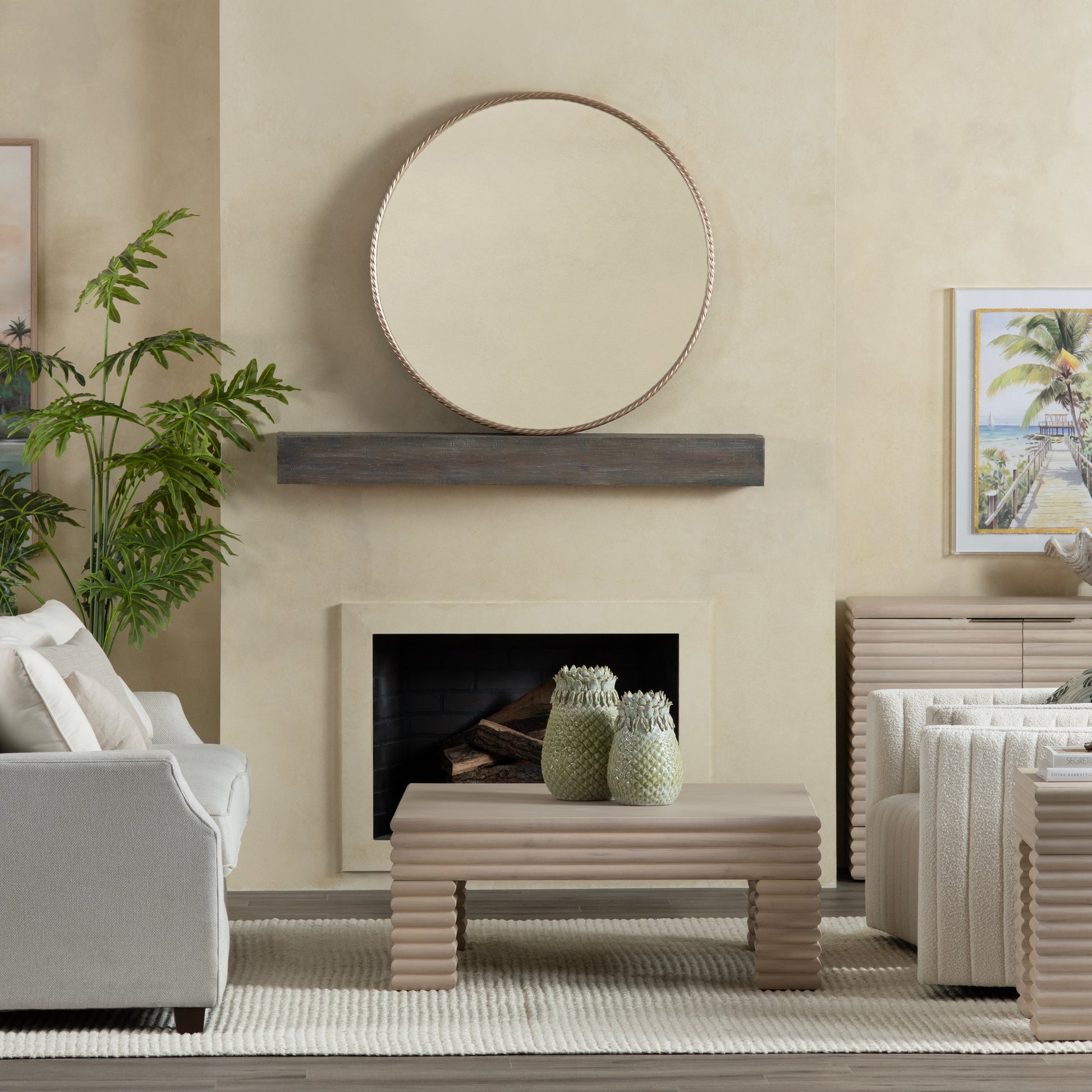 neutral-toned linen accent table in a contemporary cozy bedroom setting