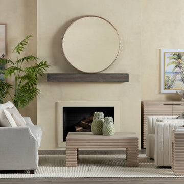 neutral-toned linen accent table in a contemporary cozy bedroom setting