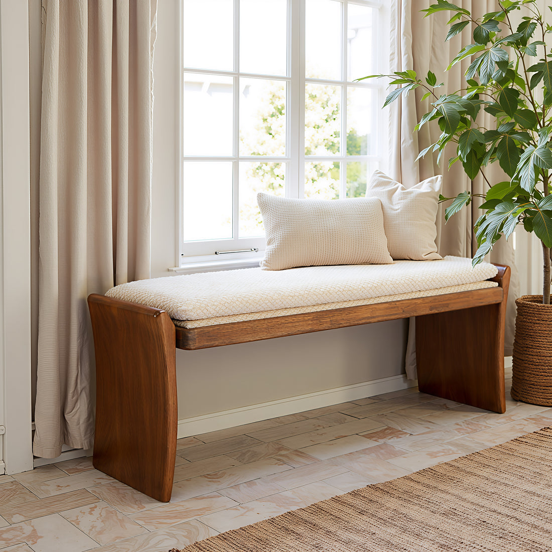 ivory cotton accent bench in a transitional living room setting