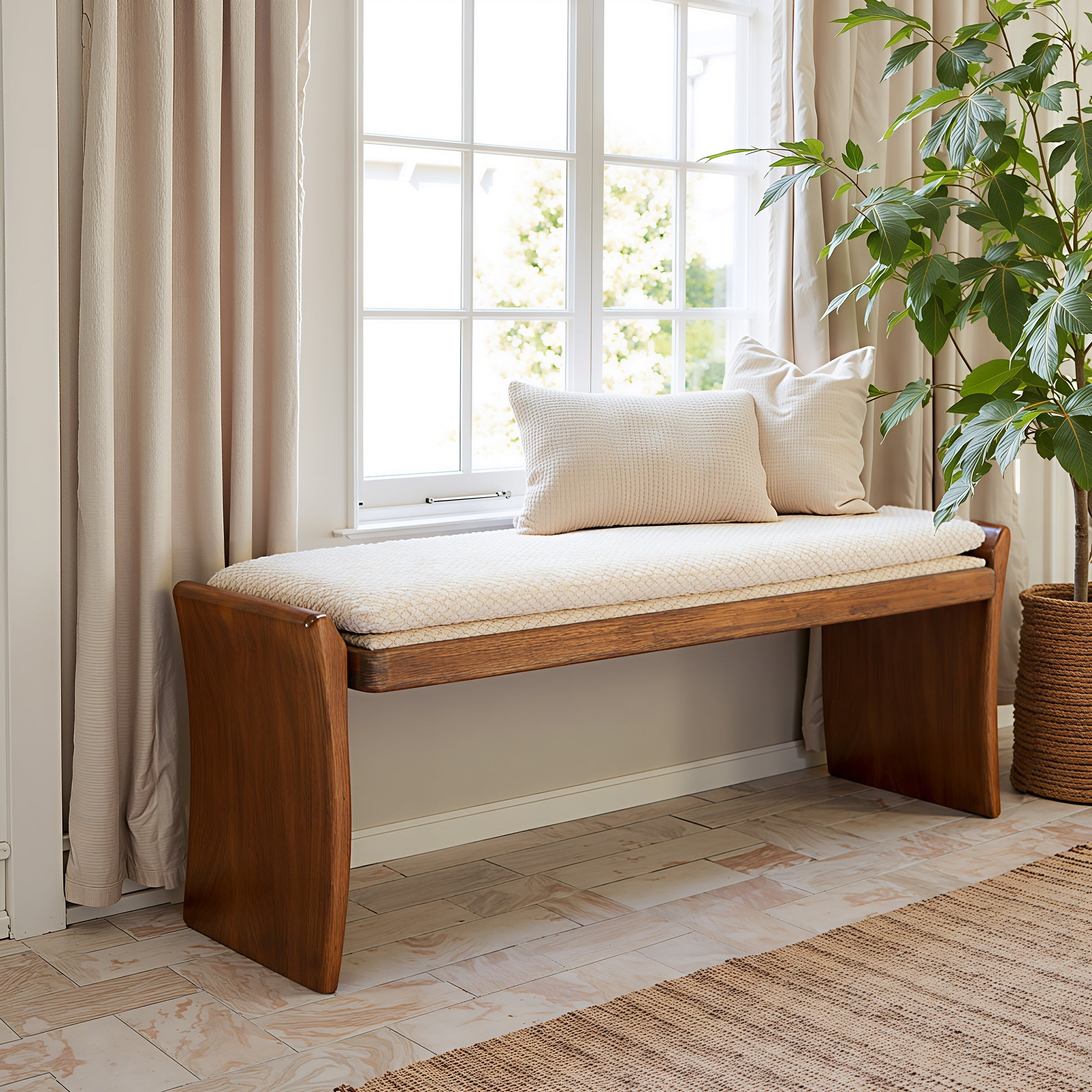ivory cotton accent bench in a transitional living room setting