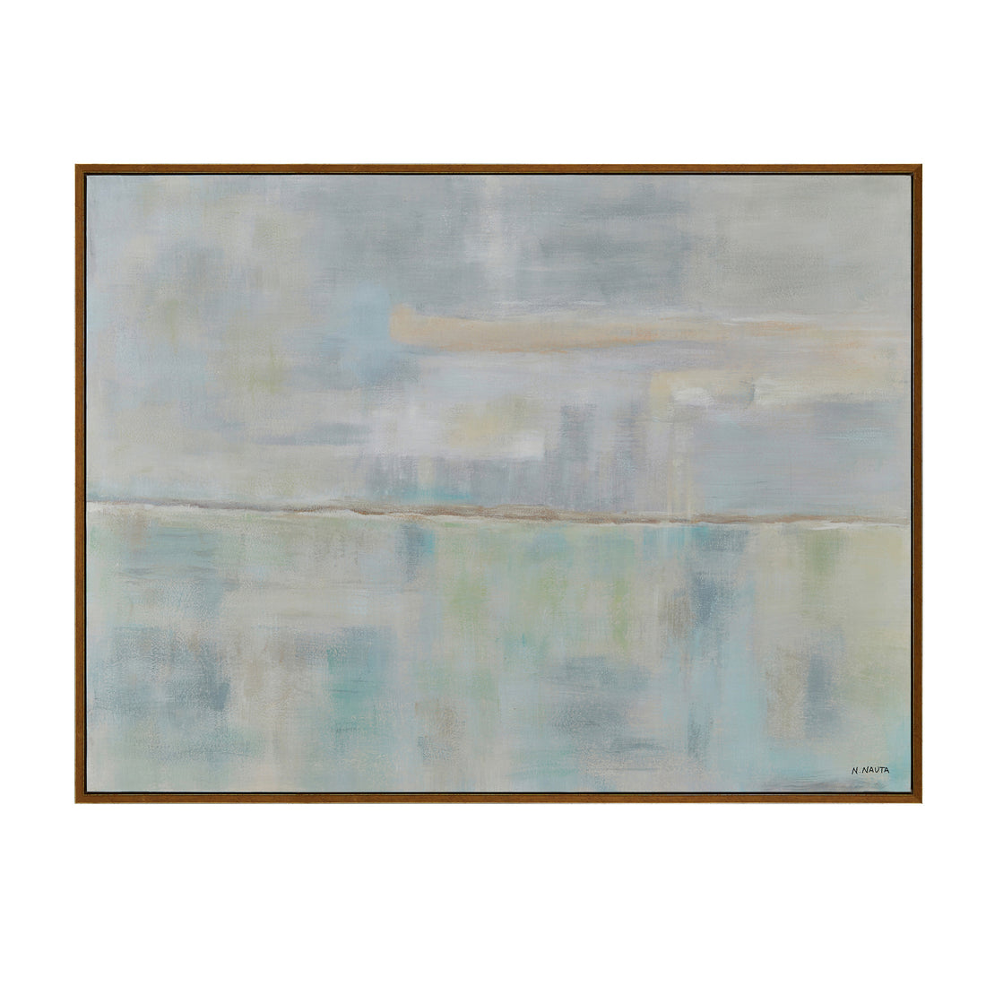 Dance At The Horizon transitional canvas artwork displayed in a chic apartment setting
