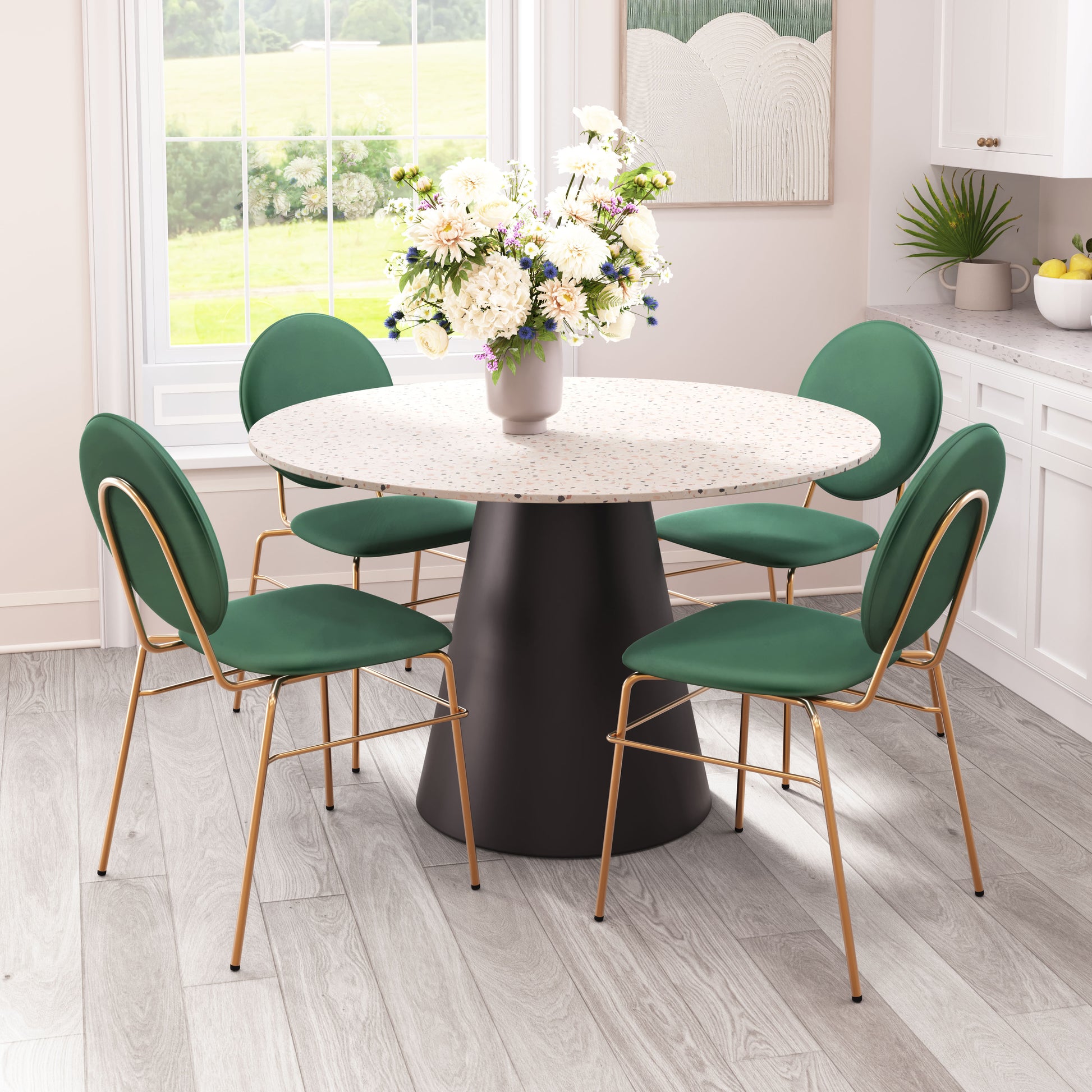natural velvet accent table in a contemporary cozy bedroom setting