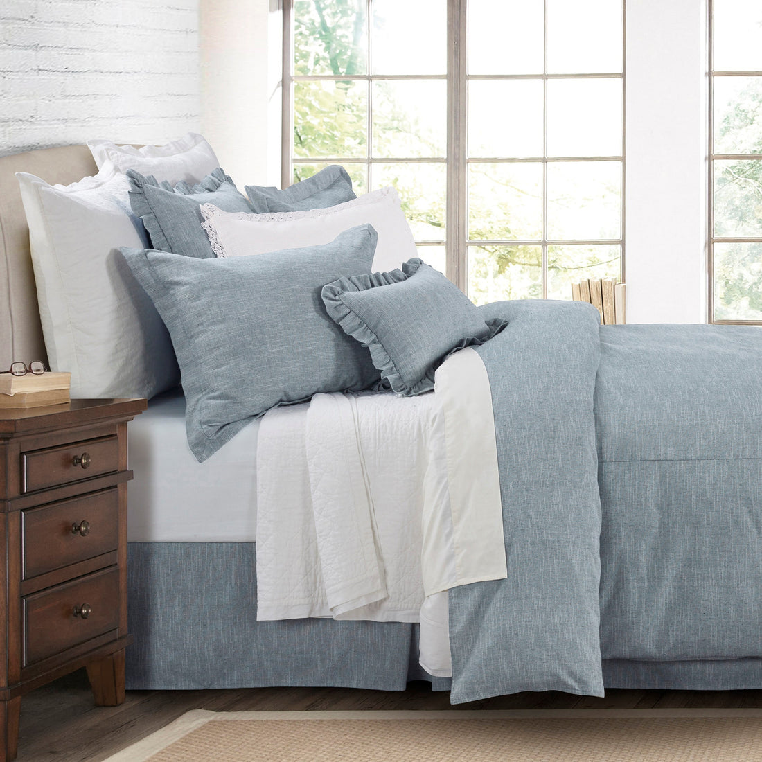 ivory solid wood comforter set styled in a farmhouse chic modern living room
