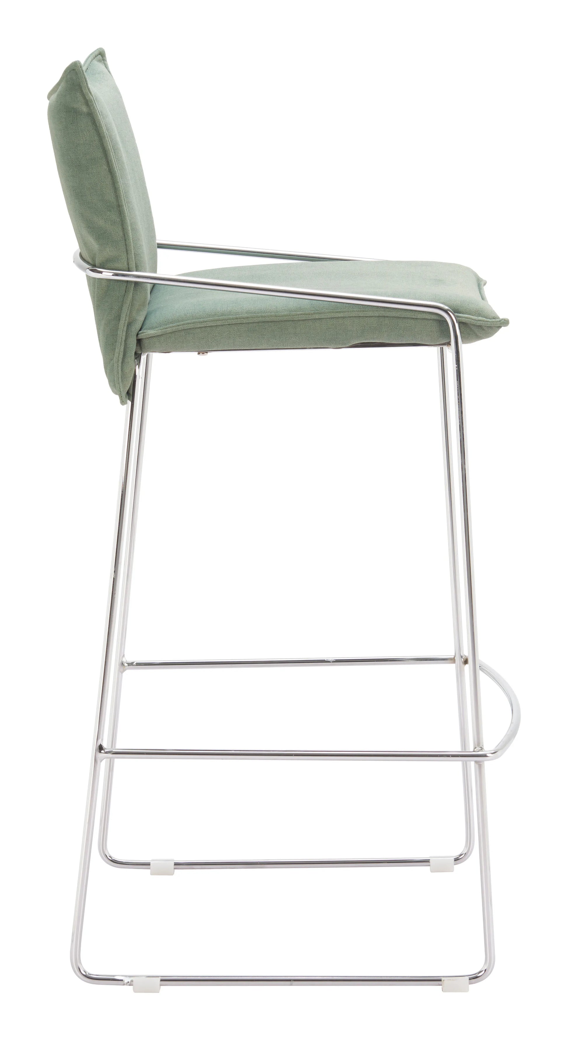 Side view of charon dining chair metal frame and with poly linen seat and back a white background.