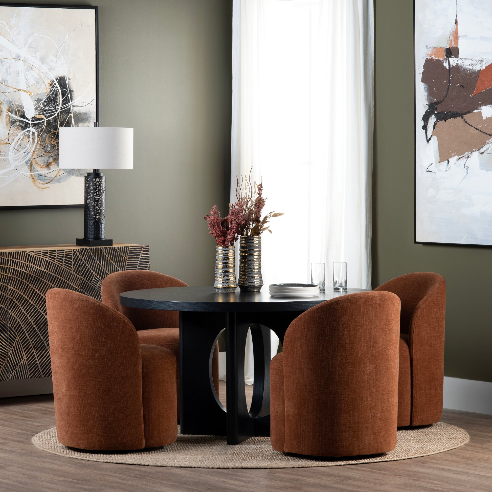 beige plush accent table in a coastal guest room setting