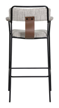 Back view of the Couva Barstool Gray Tweed highlighting the brown faux leather accent strap.