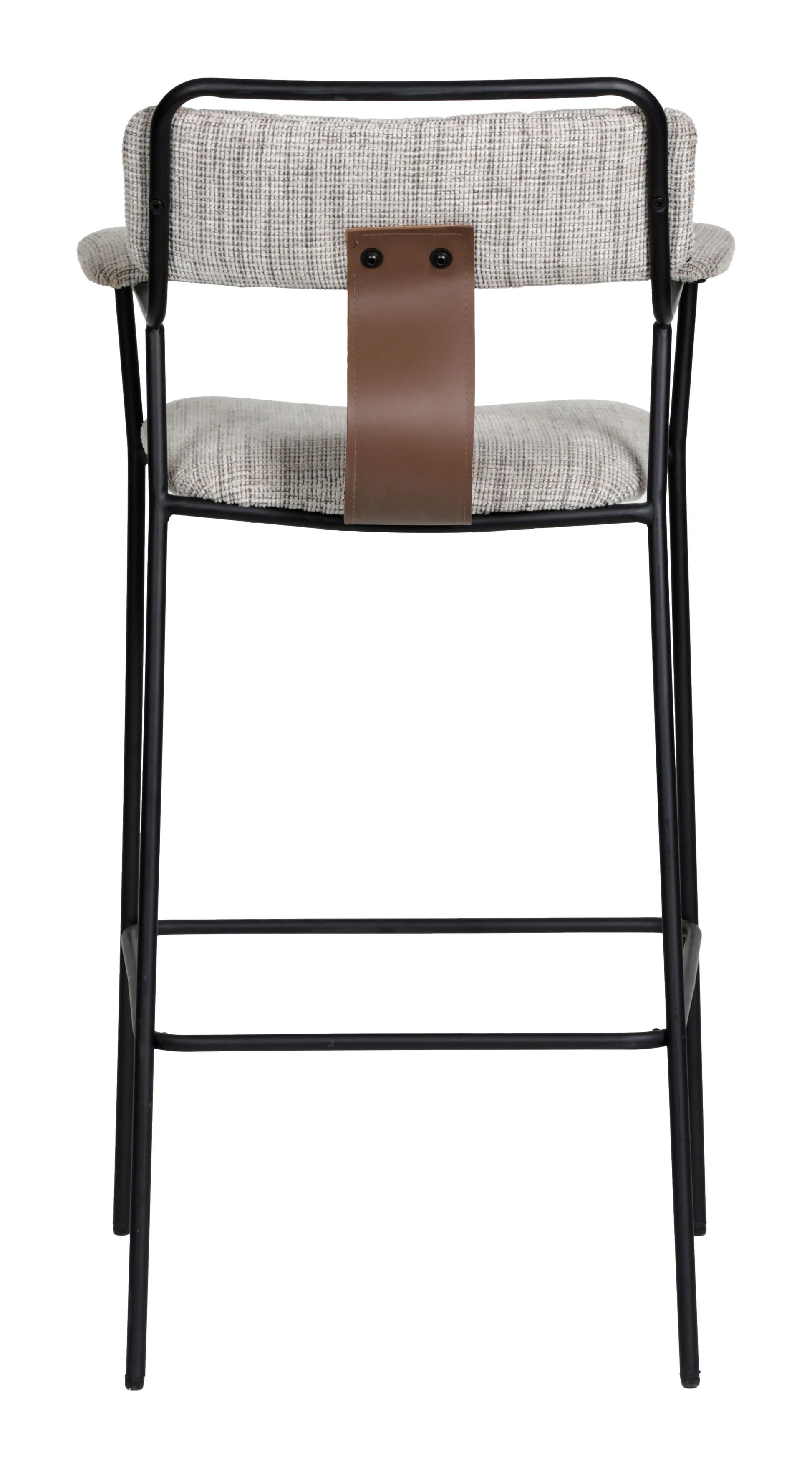 Back view of the Couva Barstool Gray Tweed highlighting the brown faux leather accent strap.