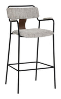 Couva Barstool Gray Tweed with padded armrests and a black steel frame, front angle view.