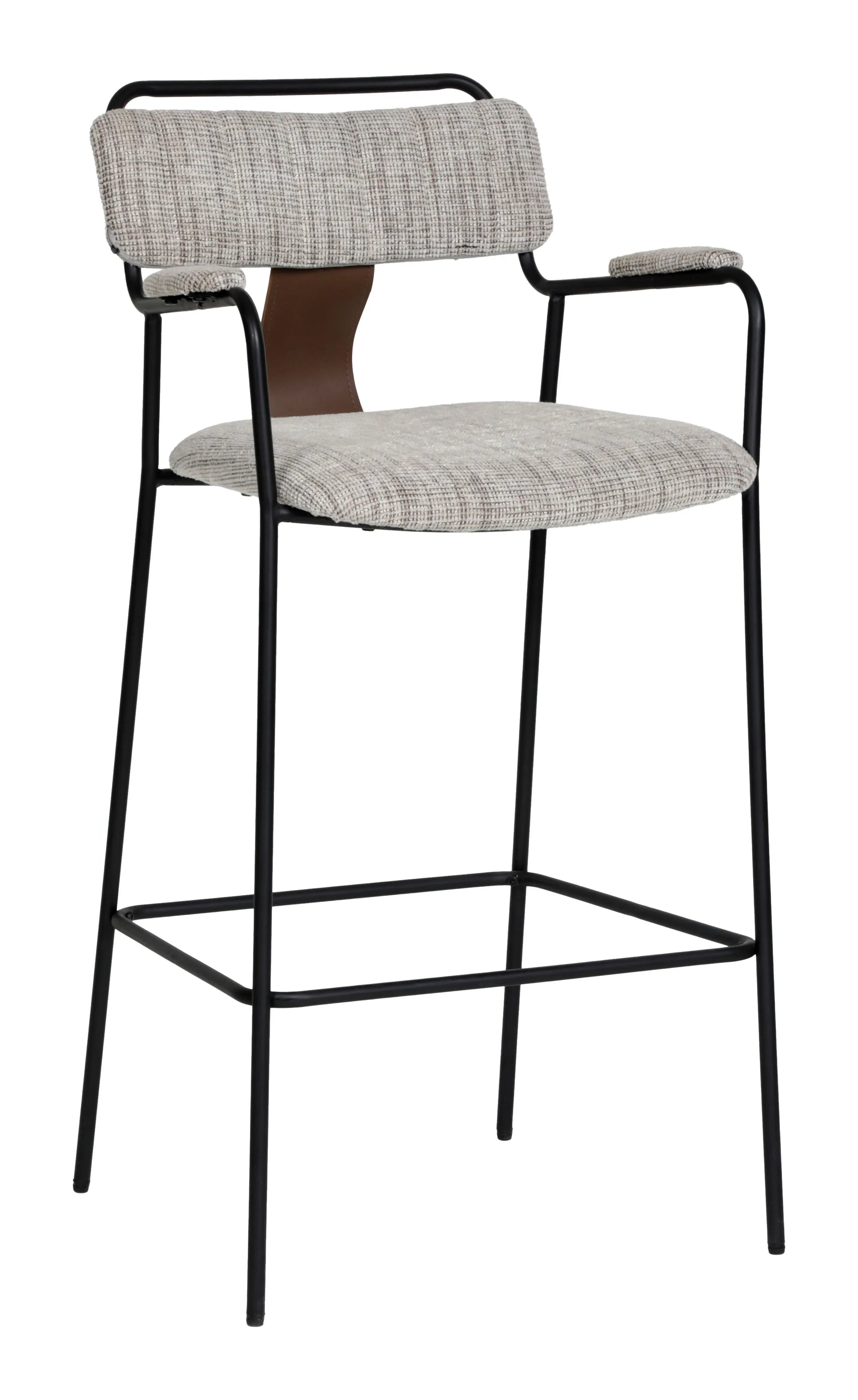 Couva Barstool Gray Tweed with padded armrests and a black steel frame, front angle view.