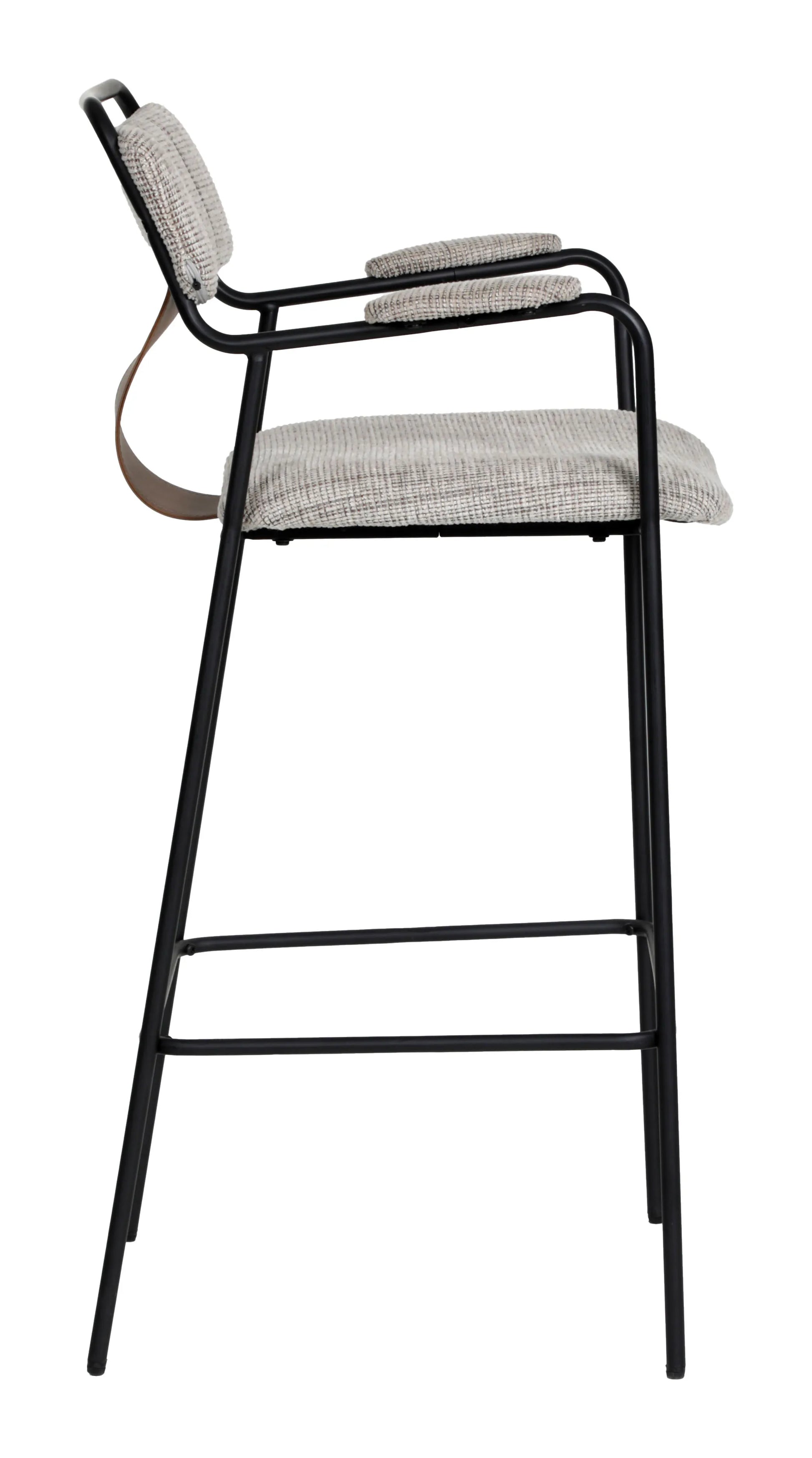 Profile side view of the Couva Barstool Gray Tweed showing the high seat and footrest.
