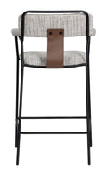 Back view of the Couva Counter Stool Gray Tweed highlighting the brown faux leather accent strap.