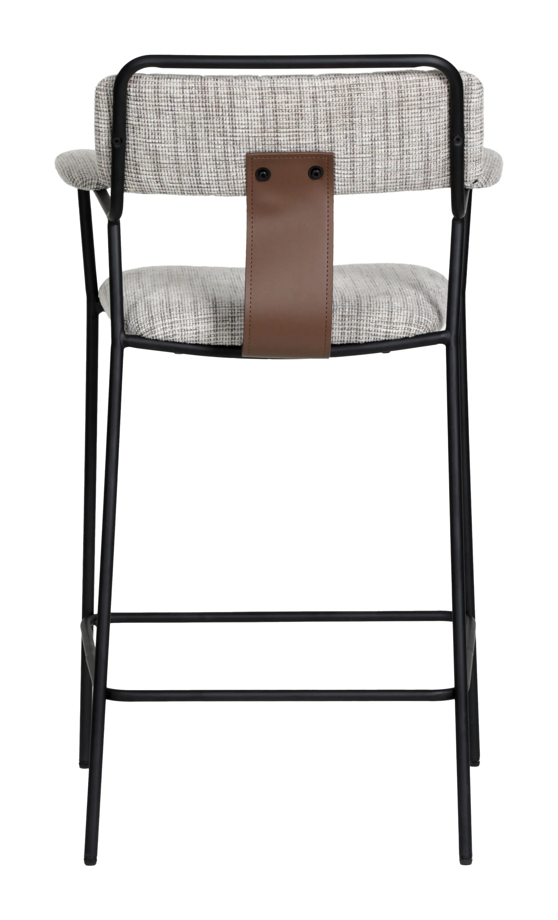 Back view of the Couva Counter Stool Gray Tweed highlighting the brown faux leather accent strap.