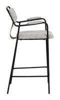 Profile side view of the Couva Counter Stool Gray Tweed, showing the armrests and footrest.