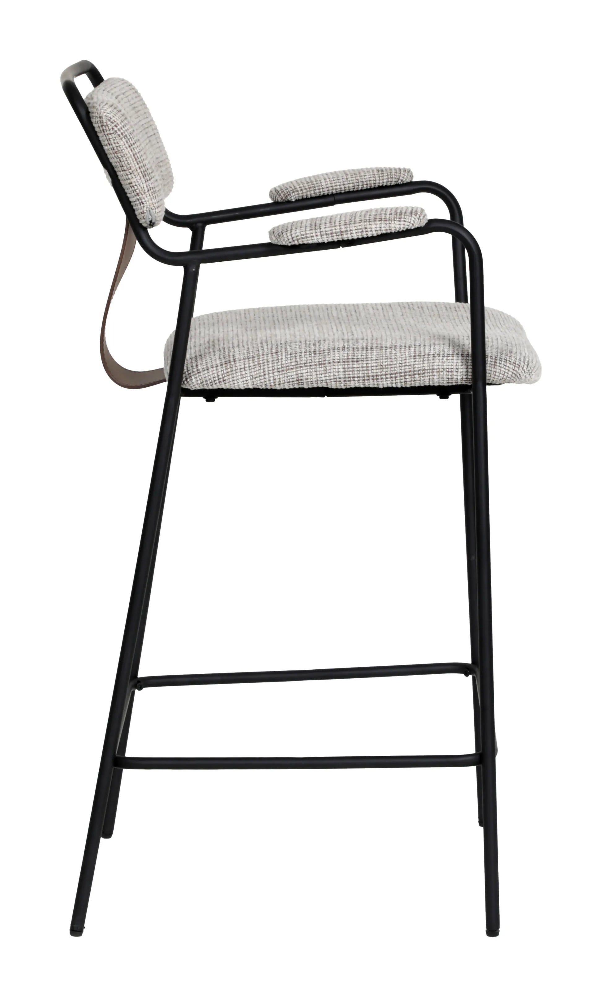 Profile side view of the Couva Counter Stool Gray Tweed, showing the armrests and footrest.