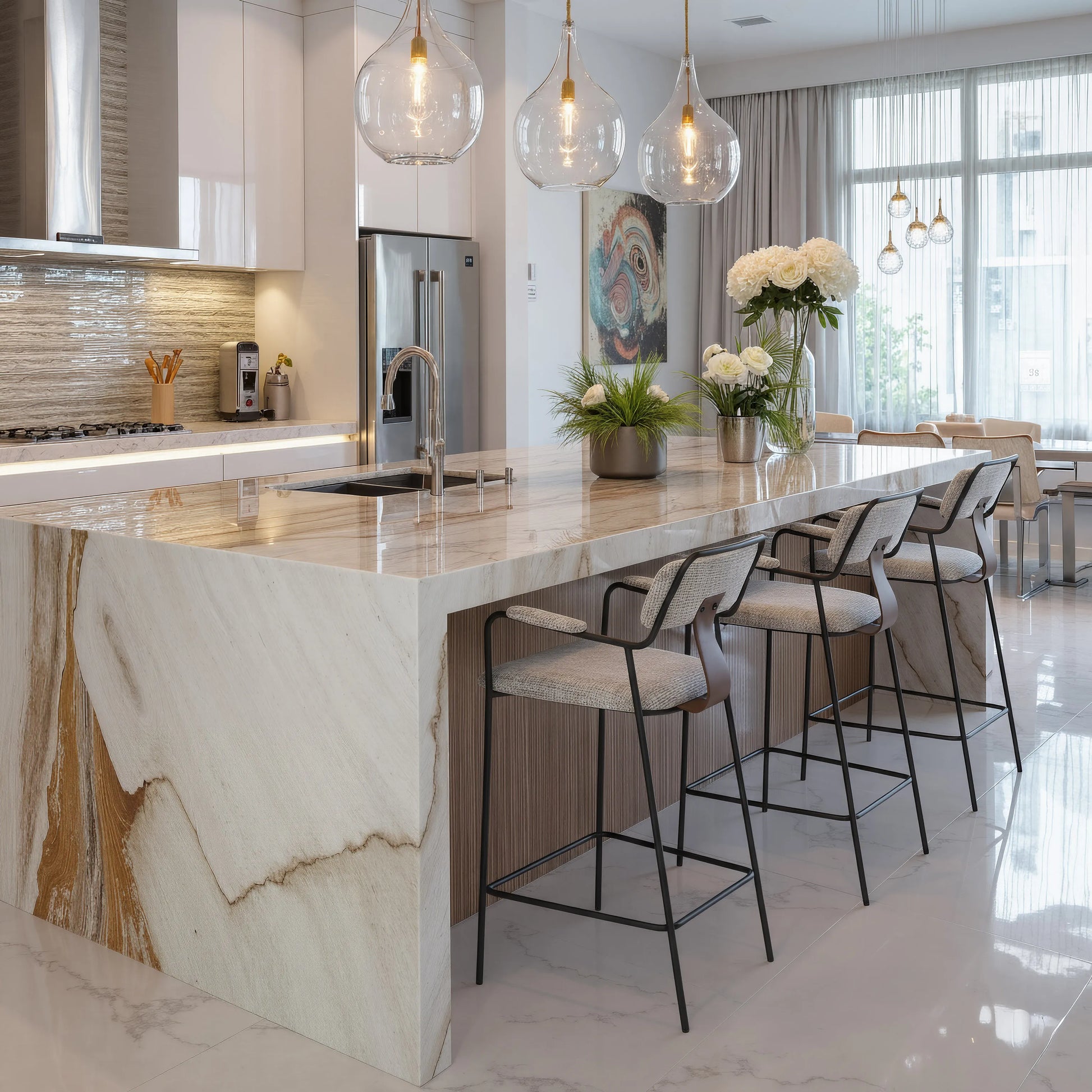 Couva Counter Stool Gray Tweed in a modern kitchen with a marble island.