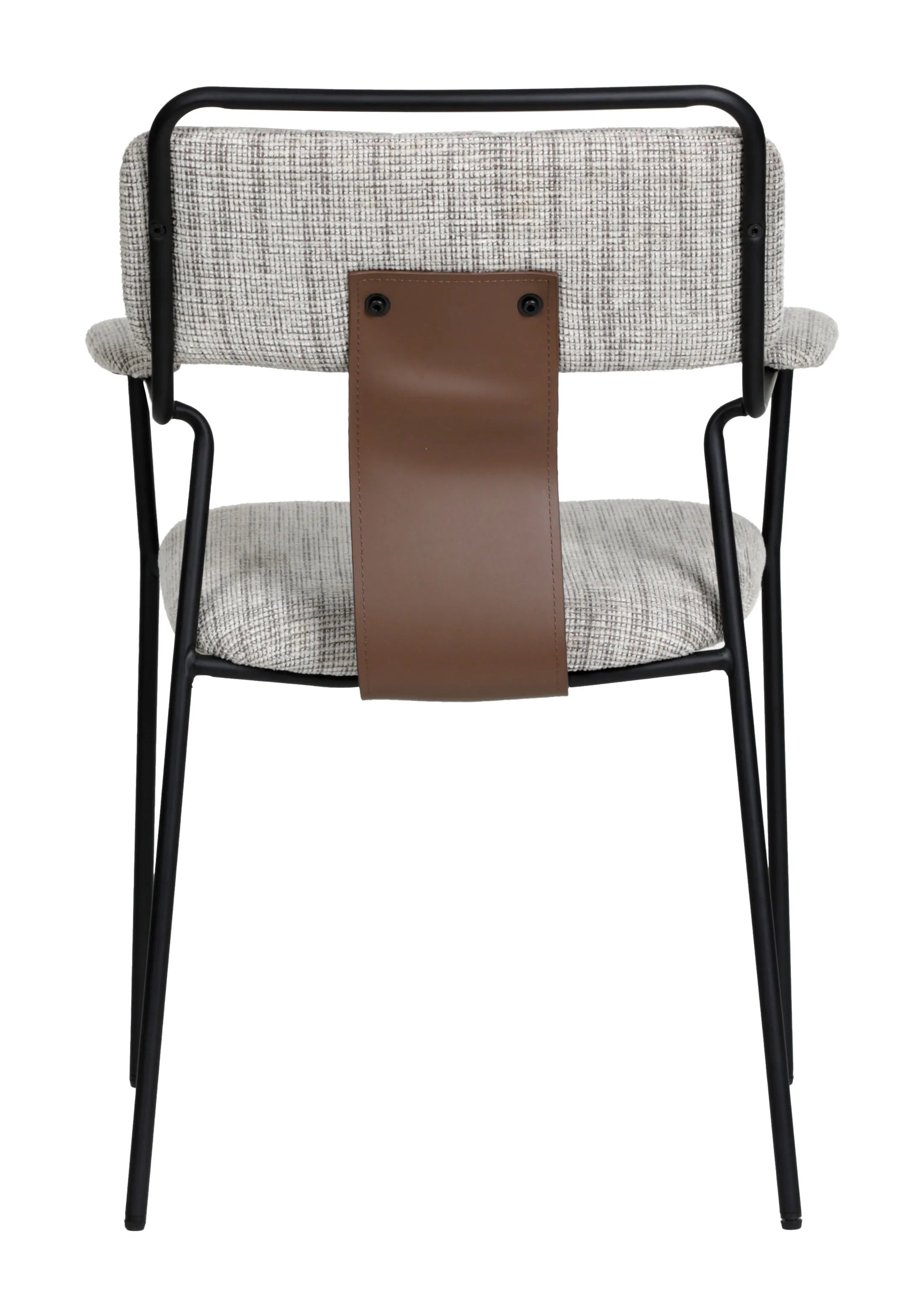 Back view of the Couva Dining Chair Gray Tweed highlighting the brown faux leather accent strap.