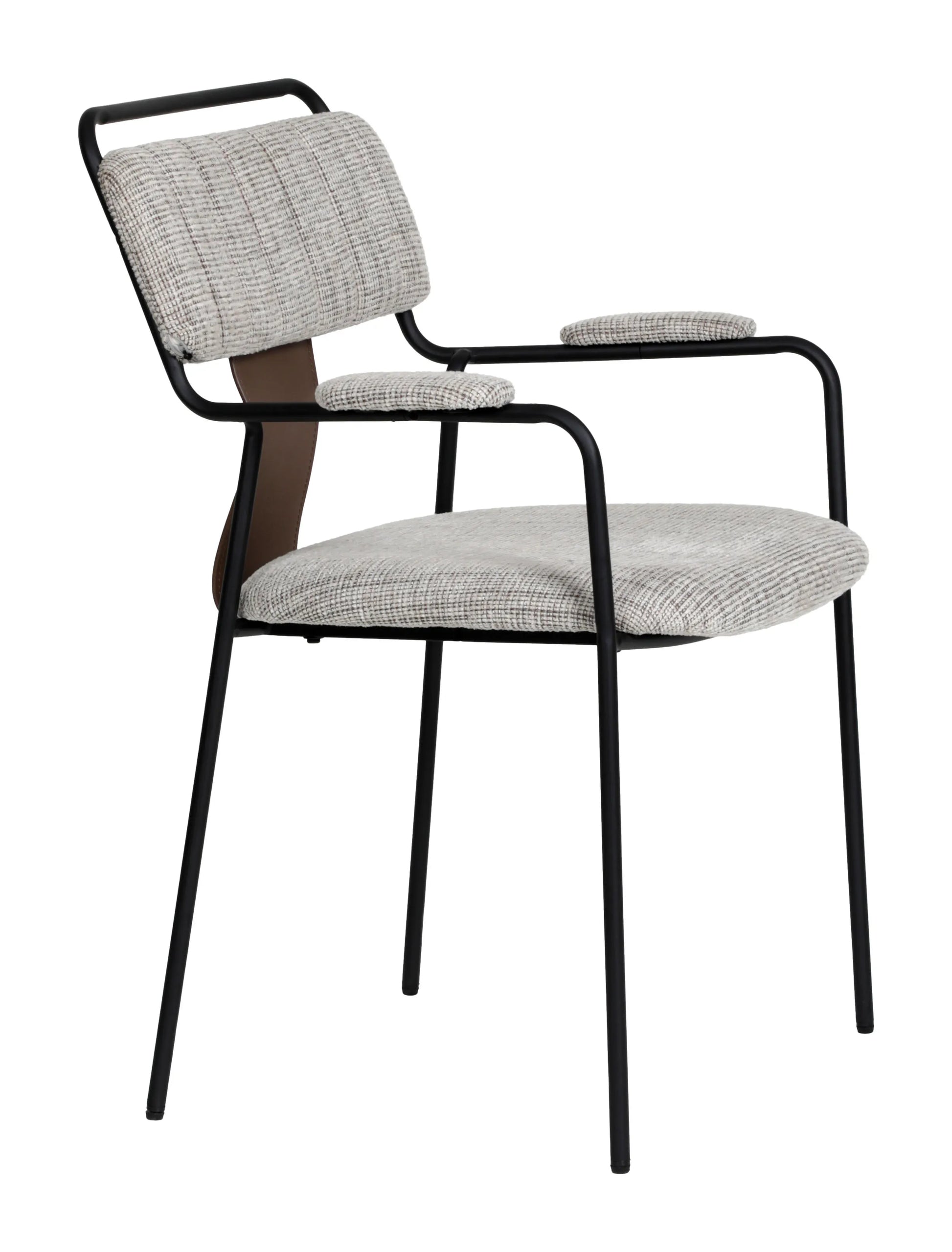 Front angle view of the Couva Dining Chair Gray Tweed with padded armrests and a brown strap accent.