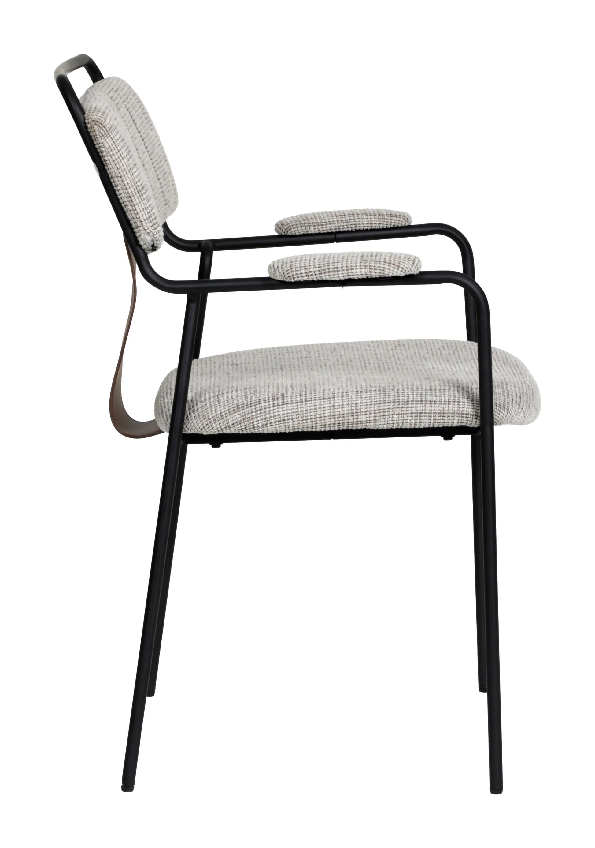 Profile side view of the Couva Dining Chair Gray Tweed showing the black frame and padded seat/arms.