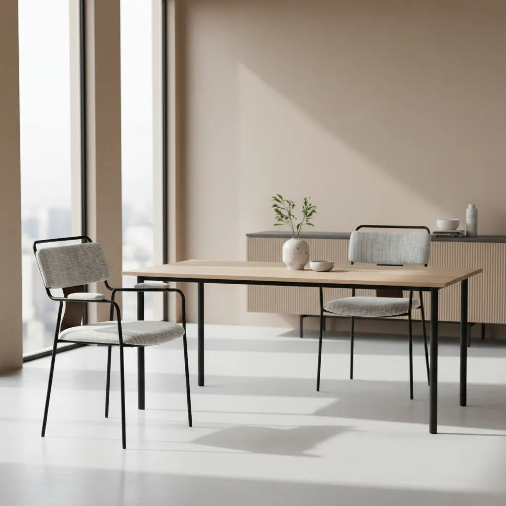 Dining area with a wooden table and 2 couva dining gray chairs in a modern interior setting.