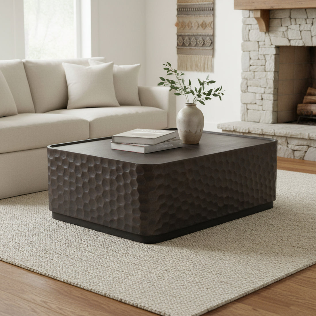 gray canvas accent table in a coastal guest room setting