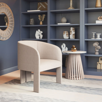 white brushed accent chair in a elegant modern bedroom setting