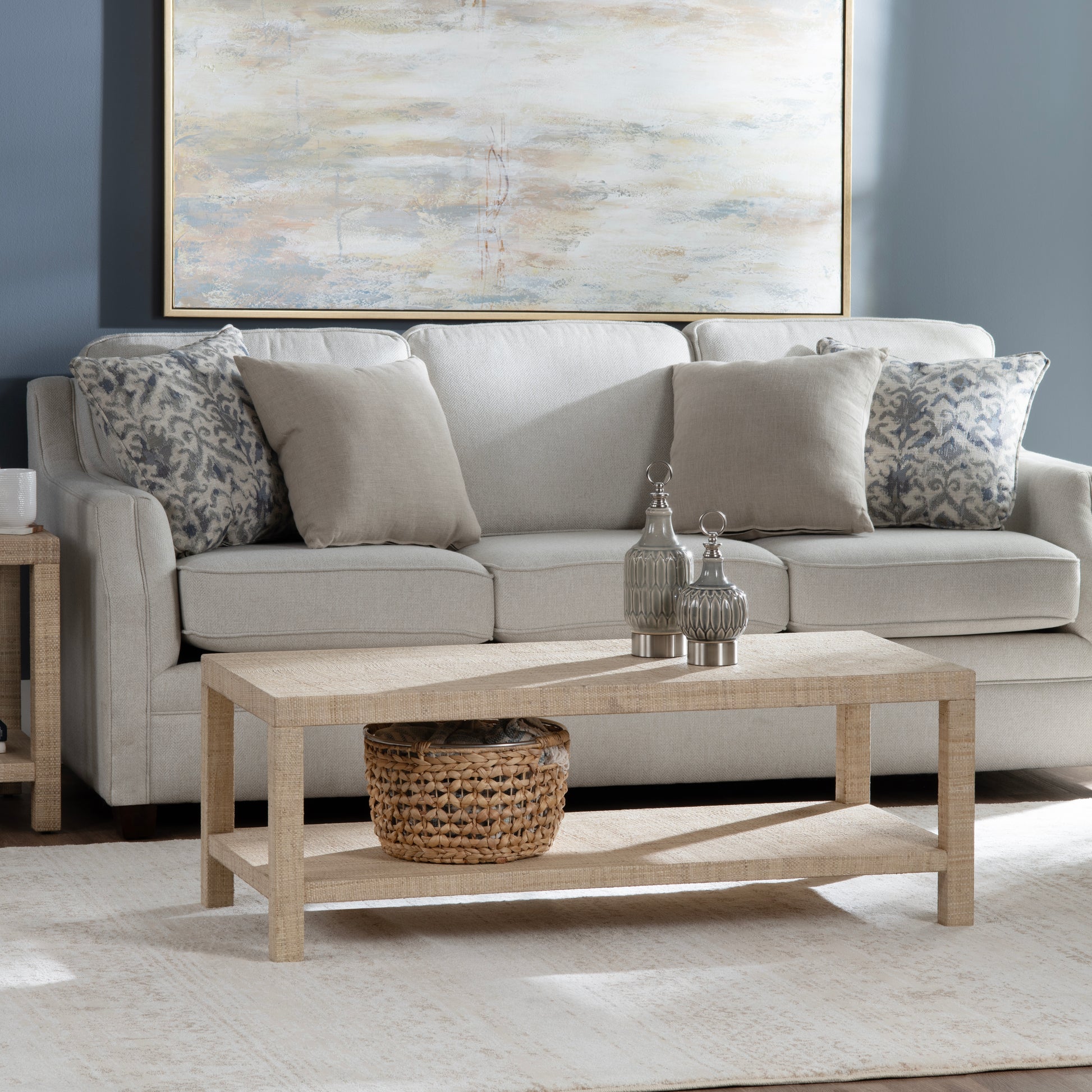 earth-toned fabric accent table in a minimalist dining room setting
