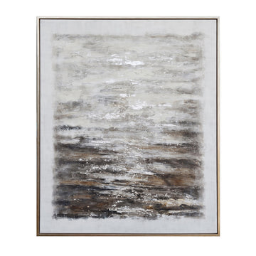 White and black and brown contemporary canvas artwork displayed in a sophisticated lounge setting