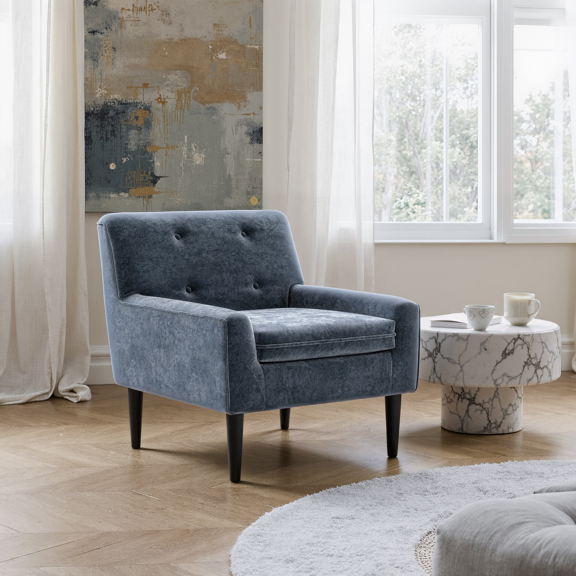 earth-toned fabric accent chair in a contemporary cozy bedroom setting