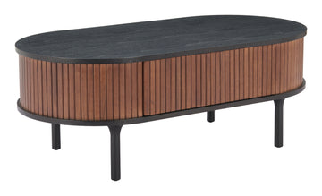 walnut linen coffee table styled in a minimalist elegant dining room
