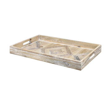 Wood Rectangular Tray with Aztec Design contemporary wall art displayed in a elegant dining room setting