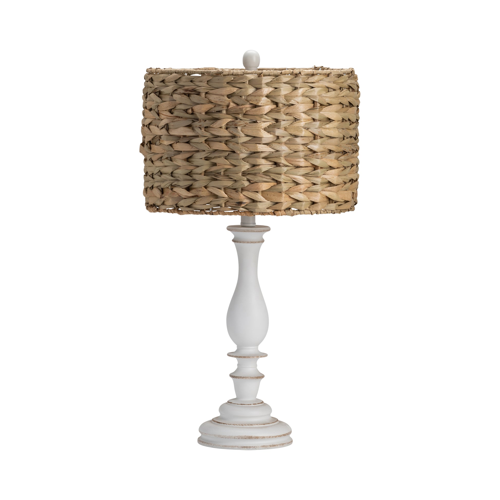 cream woven table lamp in a minimalist dining room setting