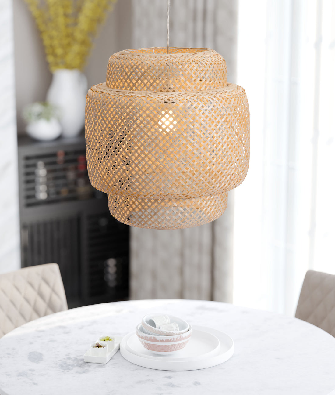 warm-toned soft table lamp in a transitional living room setting