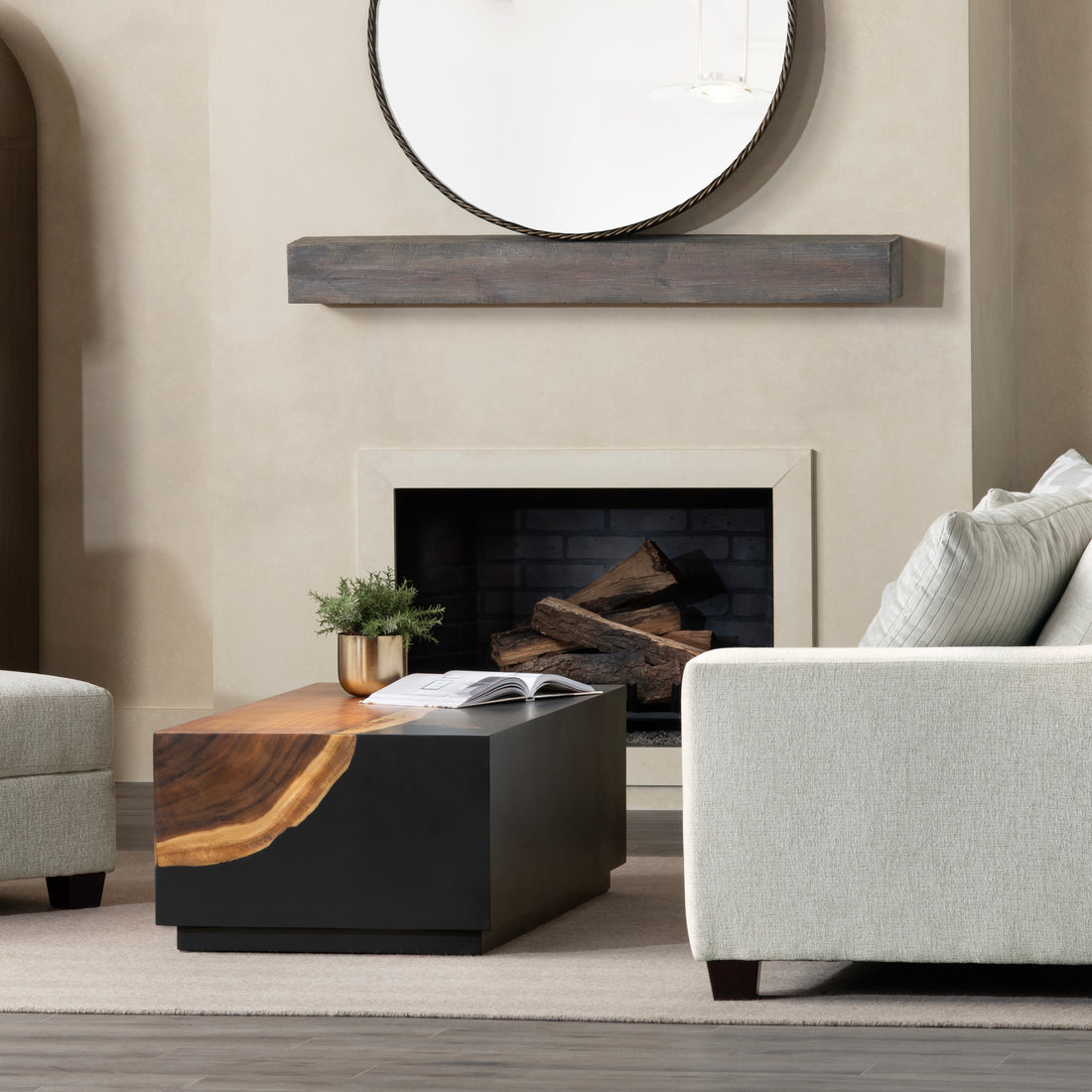 beige plush accent table in a transitional living room setting