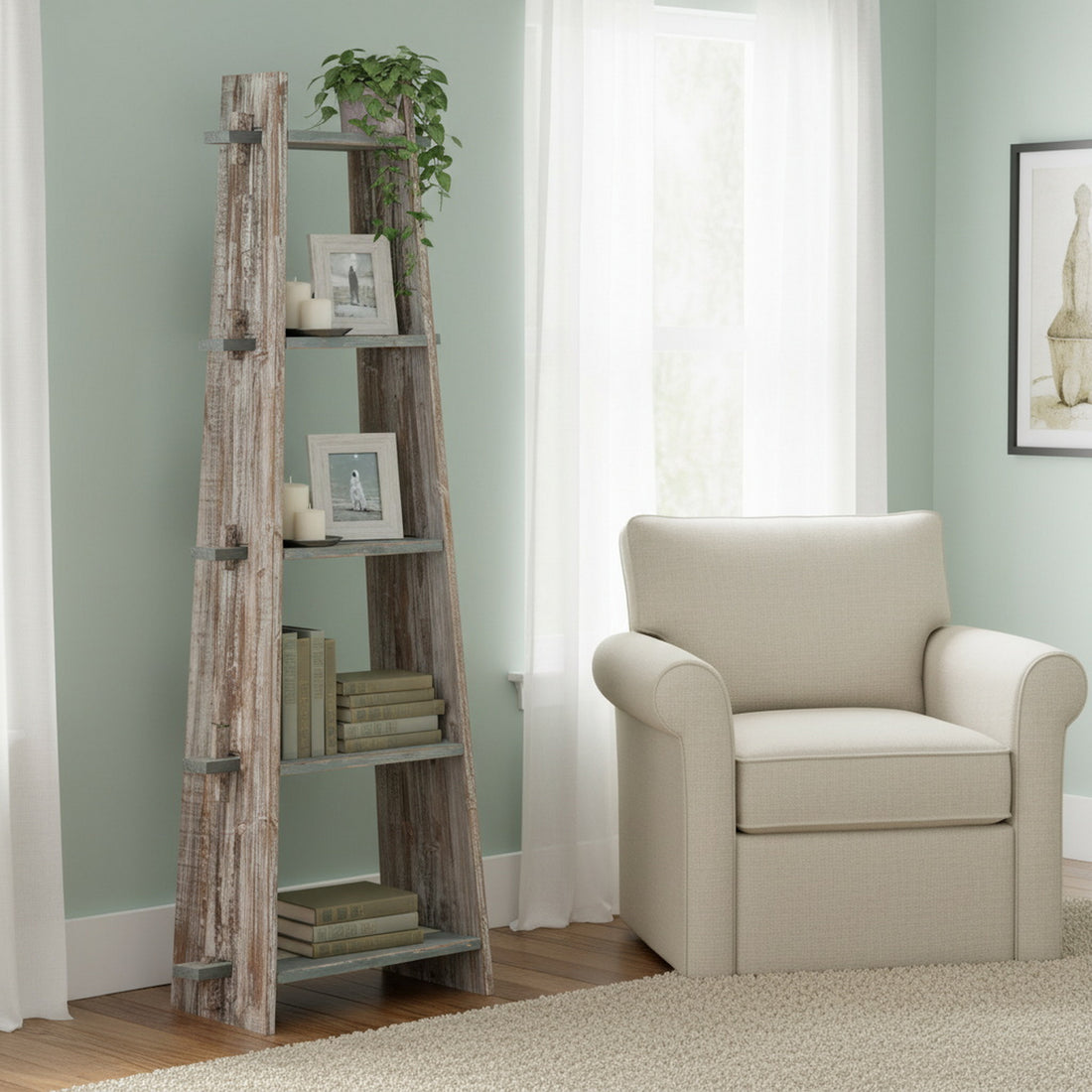 ivory cotton wall shelf in a farmhouse contemporary bedroom setting
