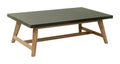 Rectangular table with green top and wooden frame on a white background