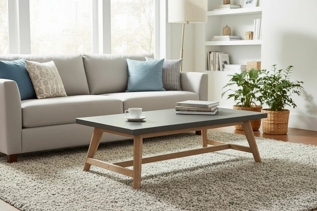 Living room with a gray sofa, dert coffee table, and decorative items.