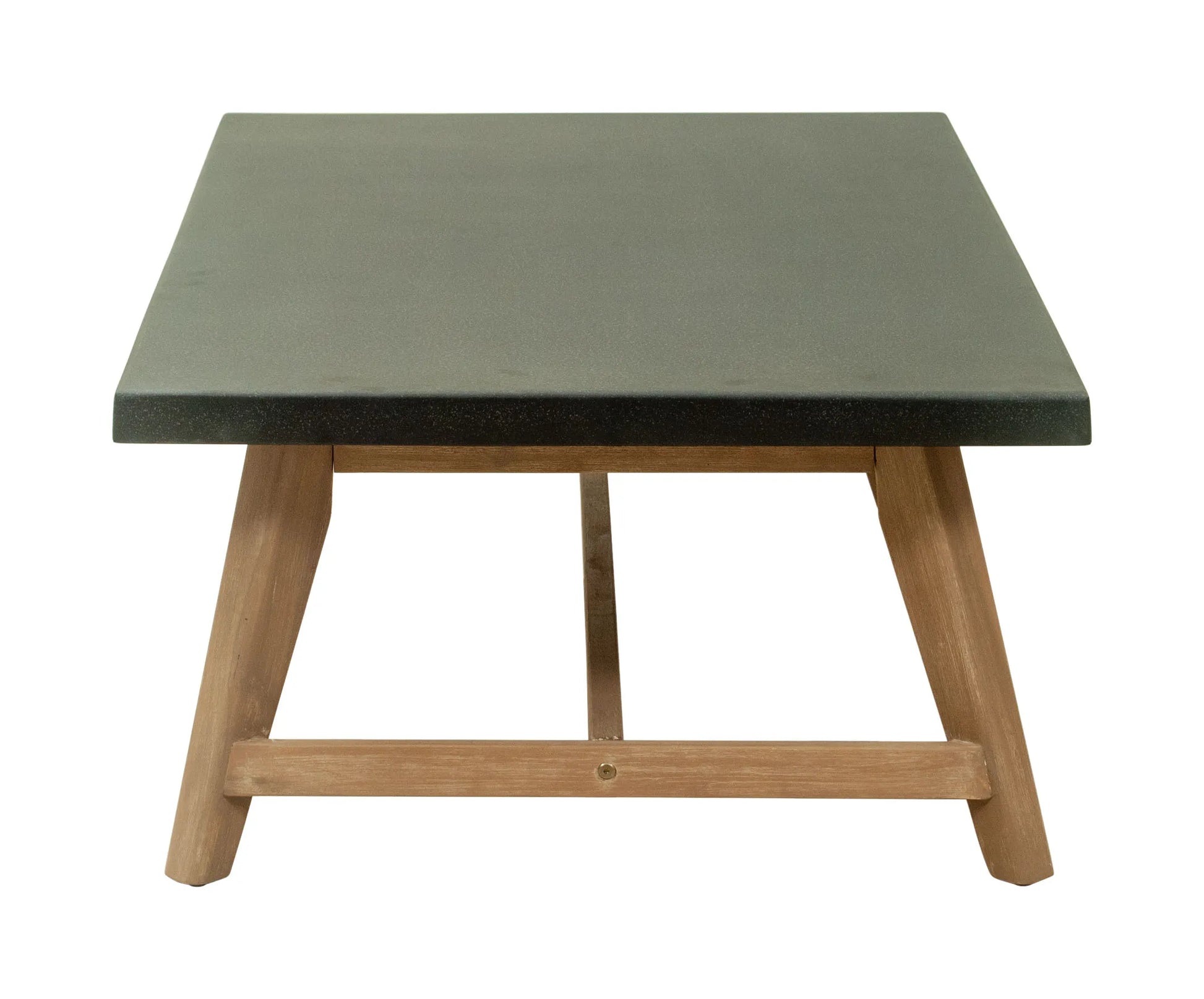 Rectangular table with green top and wooden legs on a white background