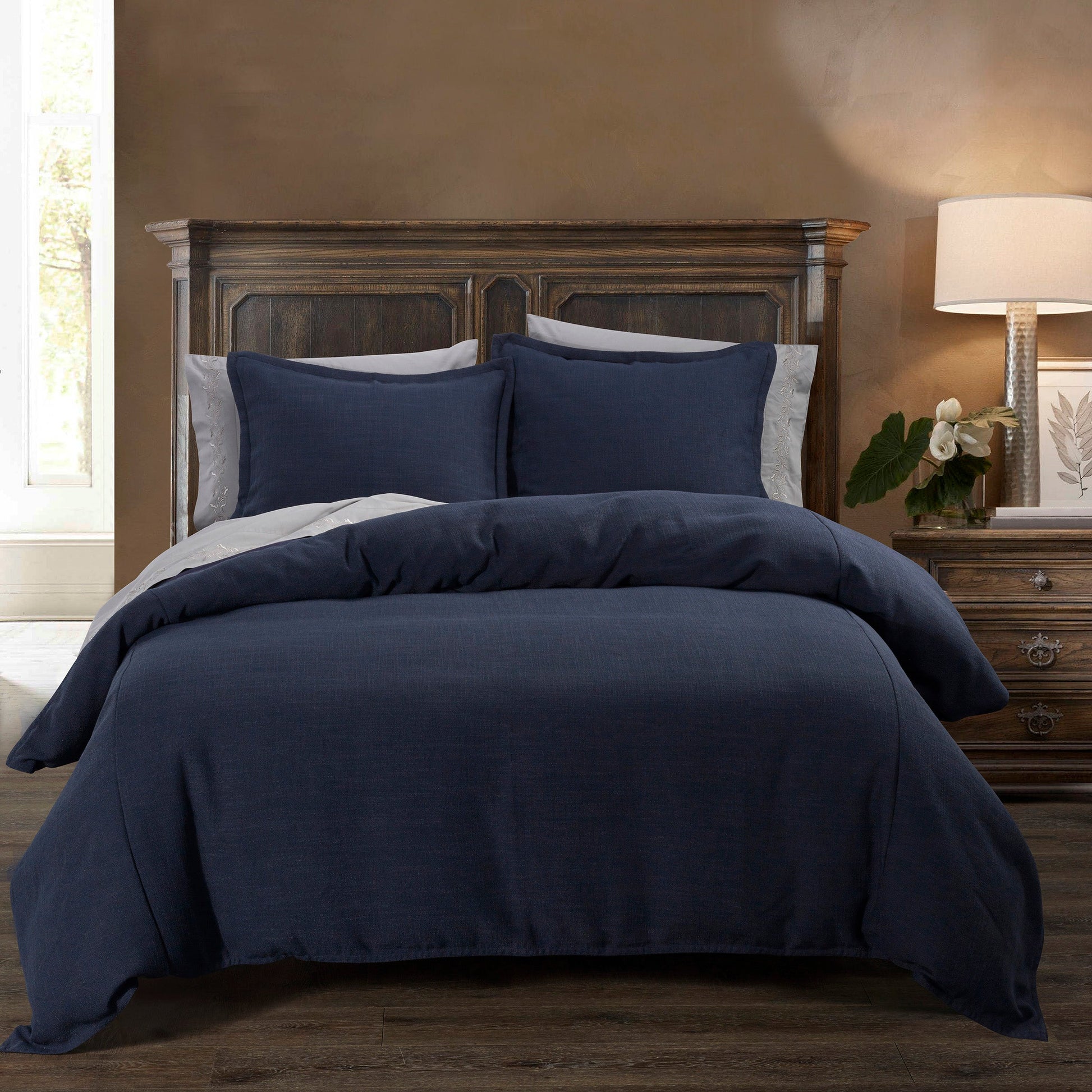 oak marble duvet cover styled in a transitional serene master suite