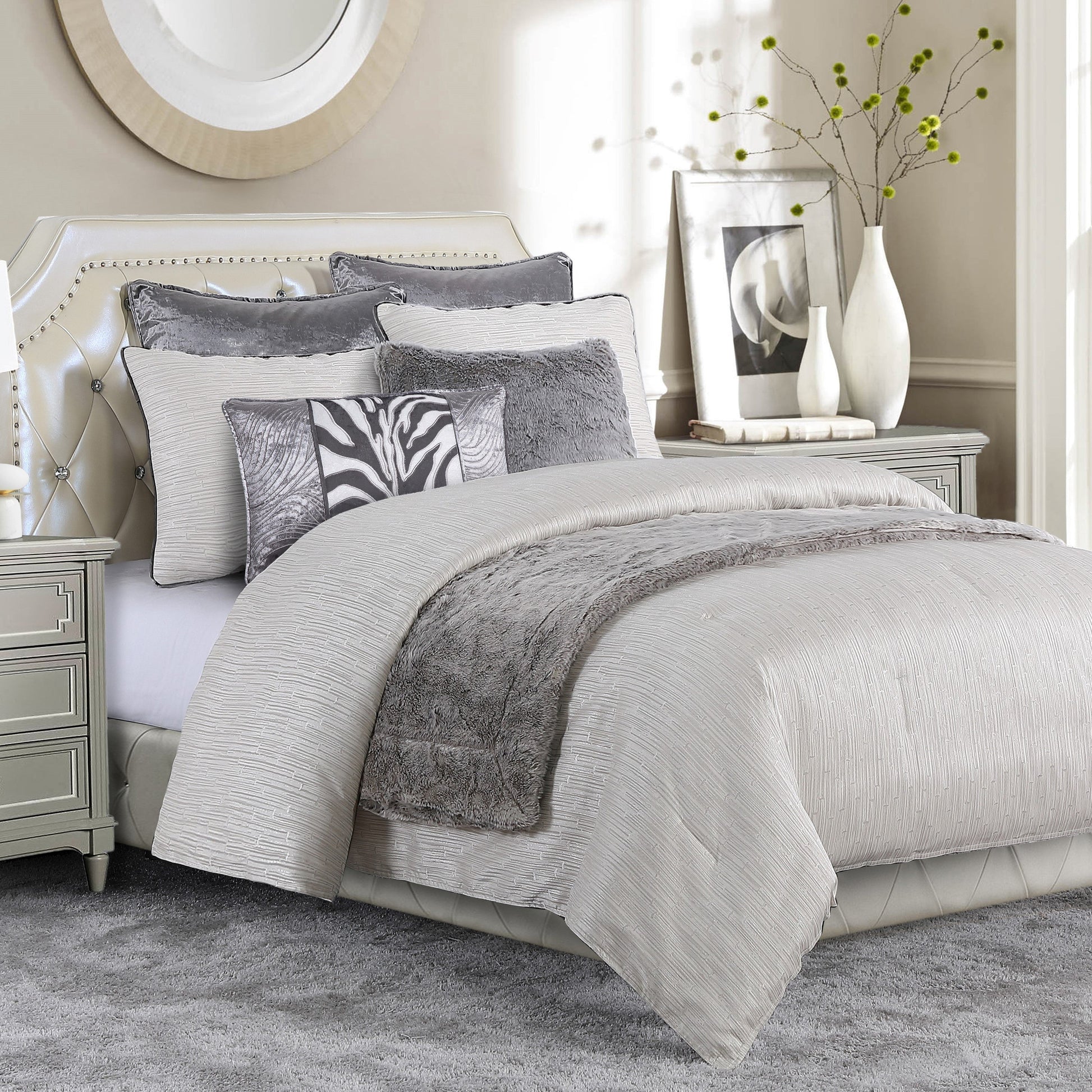earth-toned marble comforter set styled in a Scandinavian serene master suite